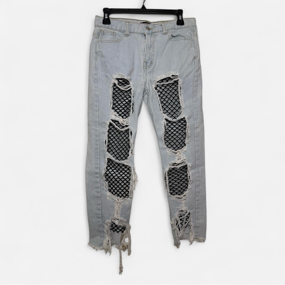 Brooklyn Karma Fishnet Boyfriend Jeans in Light Steel Blue Size Small Mixology